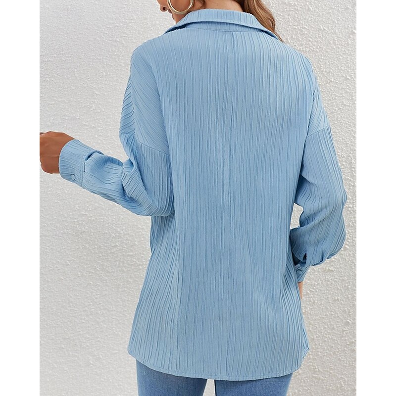 Women's Shirt Texture Blouse Plain Daily Stylish Basic Long Sleeve Shirt Collar Regular Tops Work Daily Holiday Buttons Blue Spring Fall4