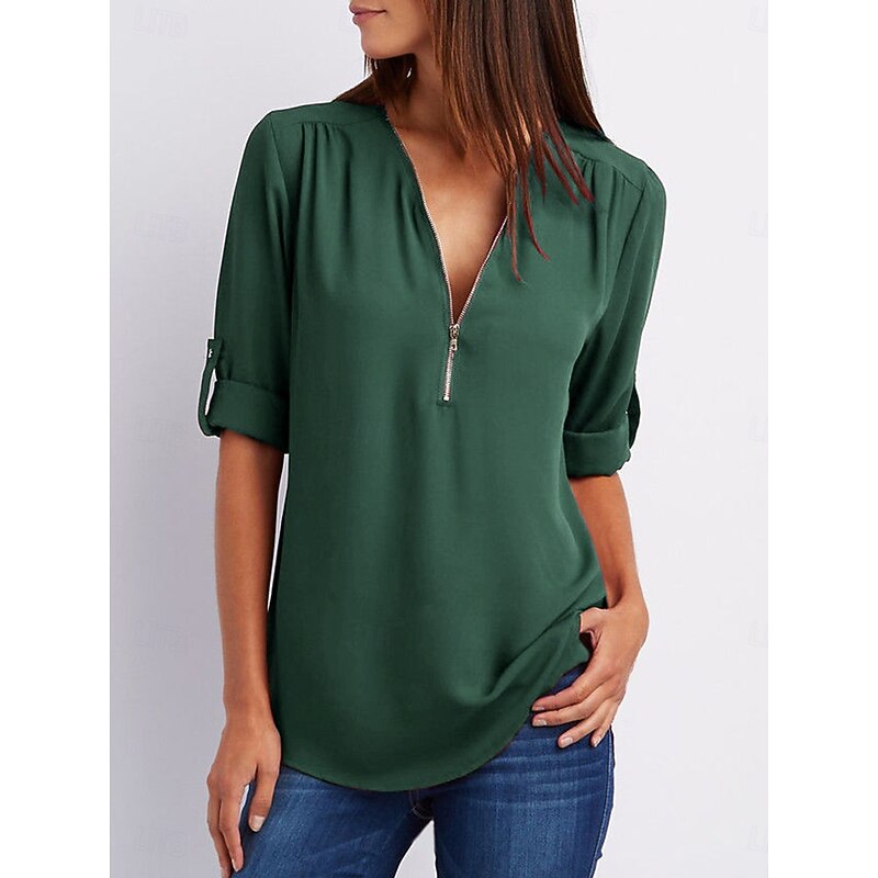 Women's Blouse Plain Daily Half Sleeve V Neck Regular Tops Daily Zipper Black Pink Brown Green Summer Spring Fall