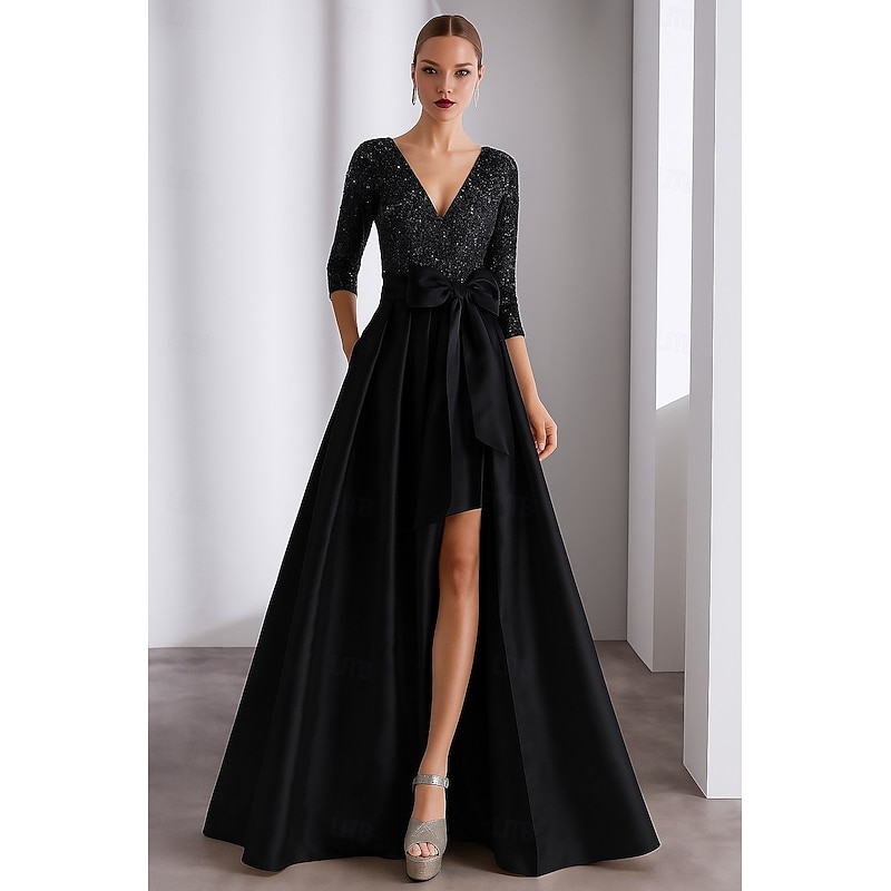 A-Line Evening Gown Elegant Dress Formal Wedding Floor Length 3/4 Length Sleeve V Neck Pocket Satin with Glitter Bow(s)