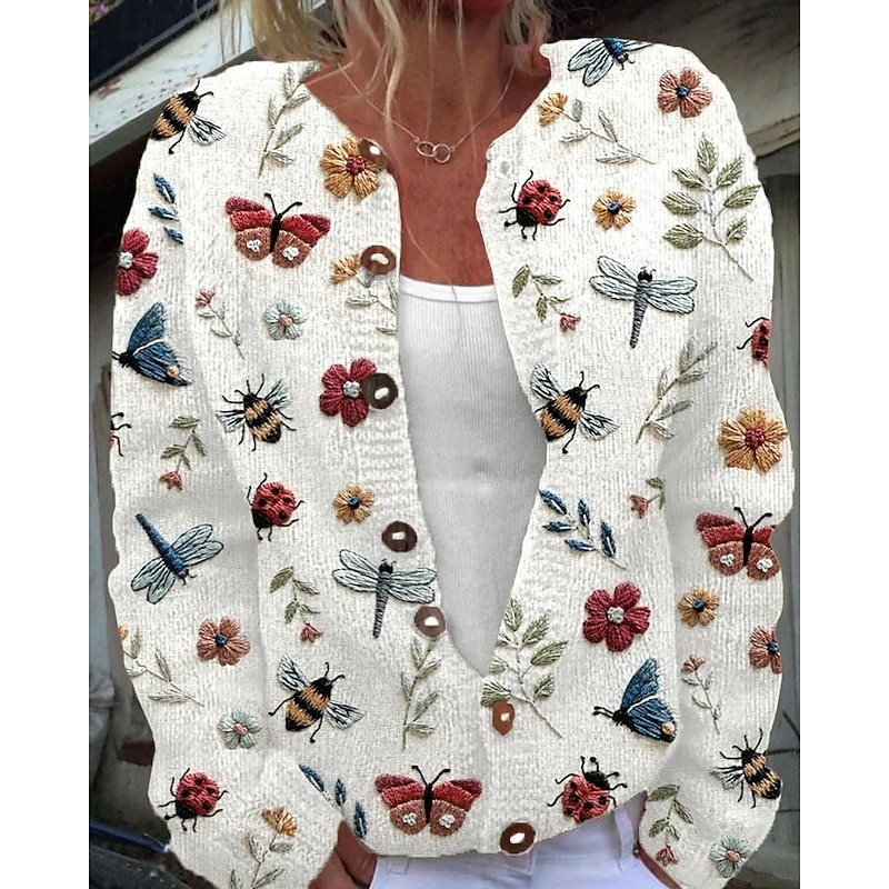 Women's Sweater Cardigan Fashion Streetwear Daily Floral Ribbed Open Front Knitted Print Long Sleeve Crop Tops Knit Holiday Going out Weekend White Blue Fall Winter