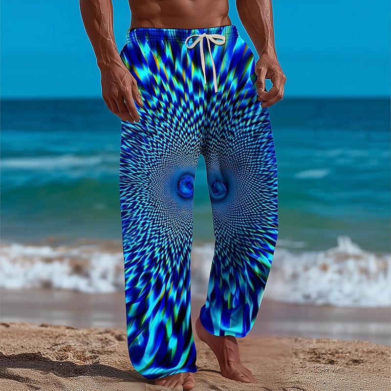 Men's Geometric Optical Illusion Swirl Trousers Baggy Pants Casual Pants Mid Waist Casual Outdoor Vacation Beach Wear Elastic Drawstring Waist Linen-Like Pants with Pockets Summer Spring Fall 3D Print