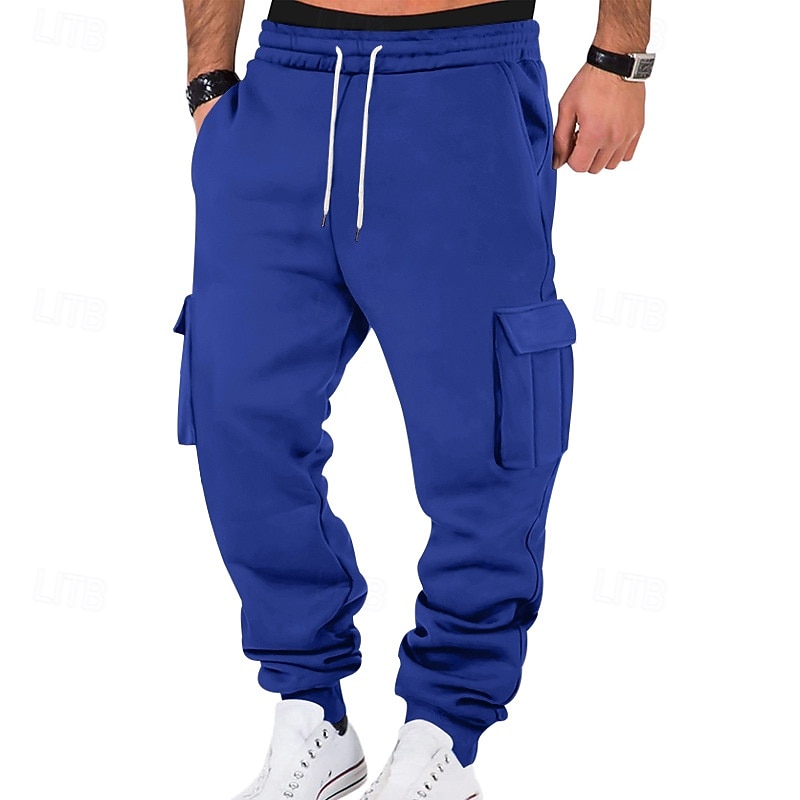 Men's Cargo Pants Fleece Pants Sweatpants Joggers Trousers Elastic Waist Drawstring Multi Pocket Plain Comfort Warm Full Length Outdoor Casual Daily Sports Fashion Black White2