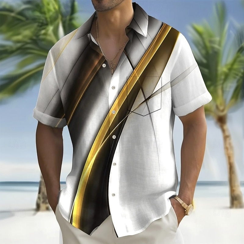 Men's Geometric Gradient Waves Shirt Summer Shirt Button Up Shirt Short Sleeve Fashion Casual Outdoor Vacation Dailywear Summer Spring Turndown 3D Print Collared Shirts Front One Pocket White 1 Black