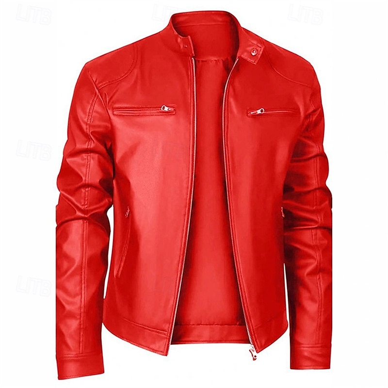 Men's Faux Leather Jacket Biker Jacket Motorcycle Jacket Vacation Daily Windproof Warm Zipper Fall Winter Plain Fashion Classic Stand Collar Regular Black Red Royal Blue Blue Dark Green Jacket3