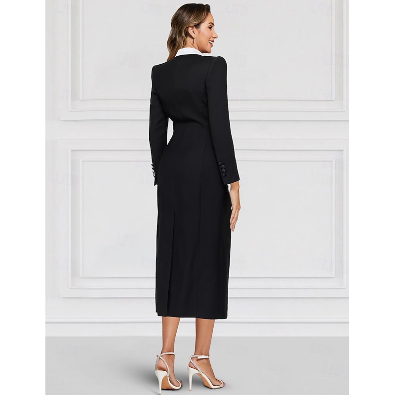 Tuxedo Dress Sheath / Column Formal Stretch Crepe Elegant Long Sleeve Tea Length Peak Lapel2