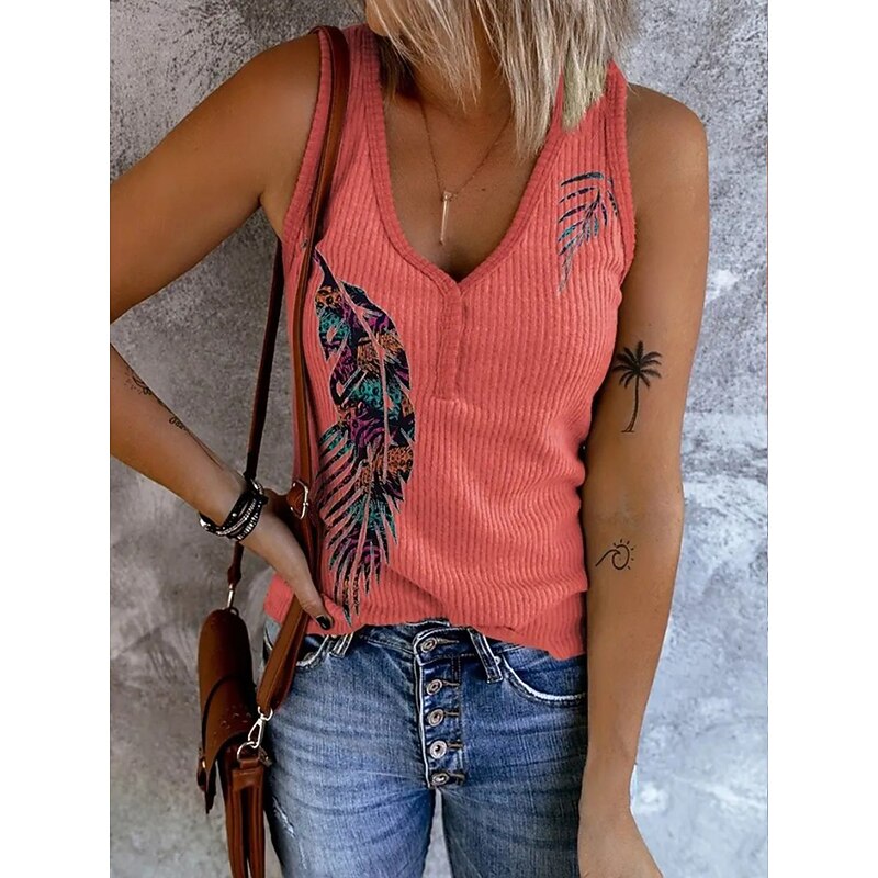 Women's Camisole Tank Top Graphic Abstract Feather Bohemia Vintage Stylish Sleeveless V Neck Regular Tops Daily Print White Red Summer Spring3