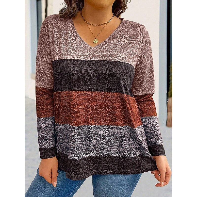 Women's Plus Size Tops T Shirt Geometry Print Long Sleeve V Neck Casual Daily Polyester Fall Winter Yellow Blue2