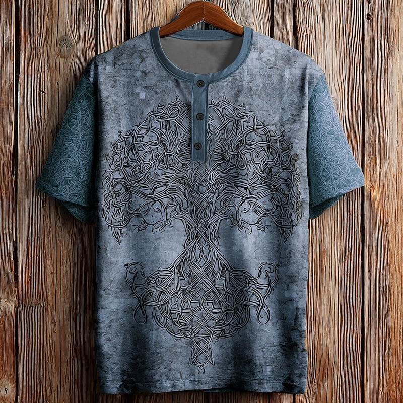 Men's Tree Retro T Shirt Henley Shirt Short Sleeve Designer Retro Vintage Graphic Street Casual Daily Summer Spring Dark Grey Blue Green khaki Henley Henley T-Shirt2