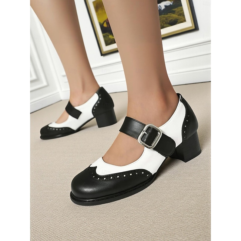 Women's Red and Black Mary Jane Brogue Flats – Faux Leather Retro School Shoes with Adjustable Buckle for 1960s-Inspired Outfits, Costumes, and Daily Wear2