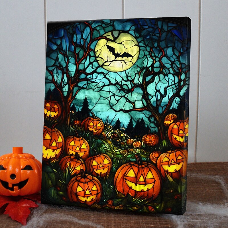 Halloween Pumpkin Clock Night Scene LED Canvas Wall Art - Battery Operated Lighted Wall Decor for 2025 Halloween home decoration light livingroom and bedroom2