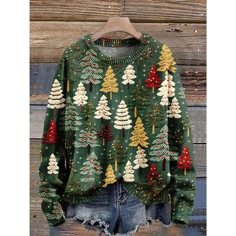 Women's Sweater Casual Soft Tree Ribbed Crew Neck Knitted Print Long Sleeve Regular Tops Knit Outdoor Daily Weekend Light Green Pink Fall Winter