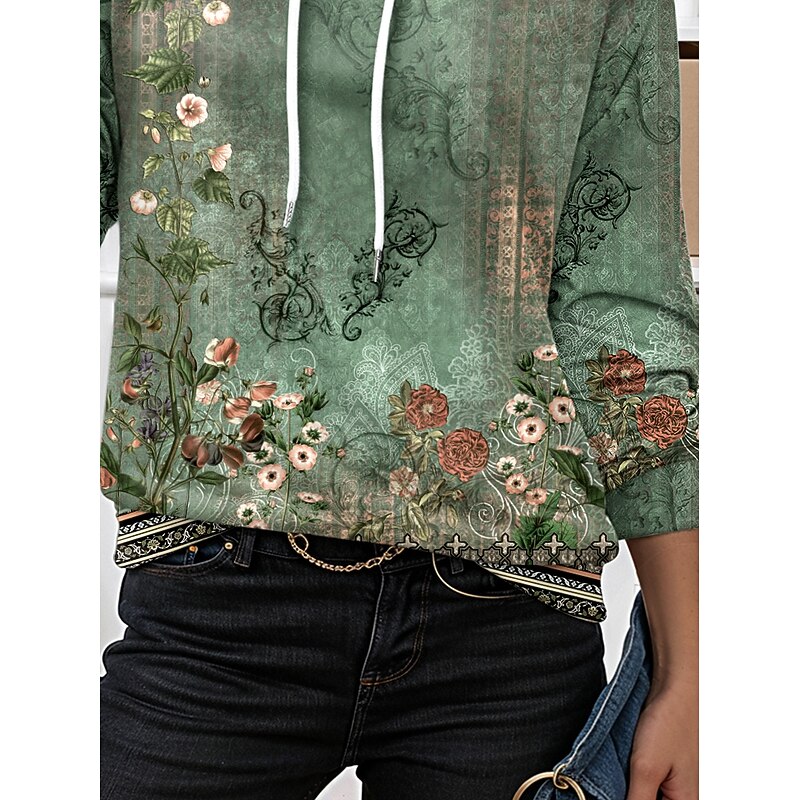 Women's Hoodie Pullover Sweatshirt Oversized Long Sleeve Casual Graphic Floral Warm Active Hooded Regular Tops Street Dailywear Patchwork Print Army Green Spring Fall Winter3