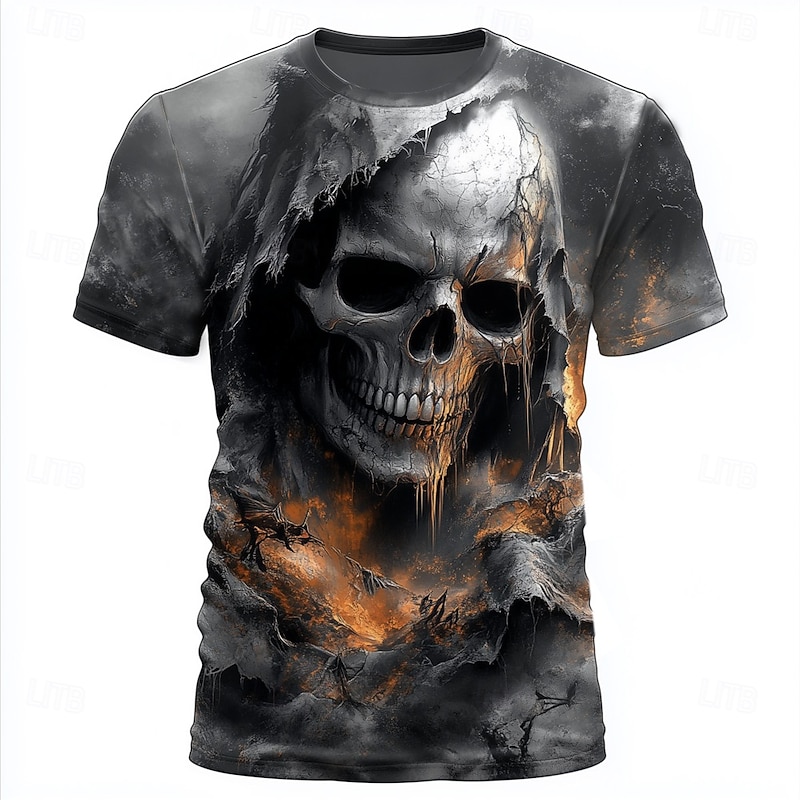 Halloween Men's Skull 3D Reaper T Shirt Short Sleeve T shirt 3D Print Crew Neck Shirt Exaggerated Designer Horror Party Street Holiday Black 1 Black Gray Summer Spring All Seasons Clothing Apparel S2