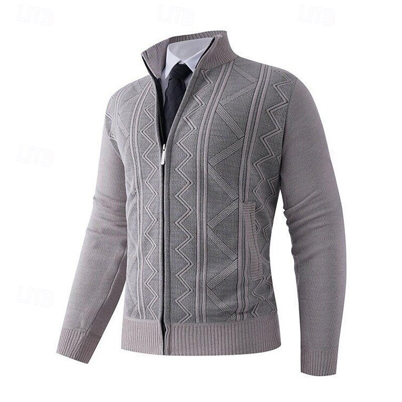 Men's Cardigan Sweater Cropped  Sweater Zip Sweater Knit Sweater Ribbed Knit Regular Tops Fleece Plain Stand Collar Fashion Classic Vacation Daily Wear Clothing Apparel Fall Winter Wine Red Navy Blue2