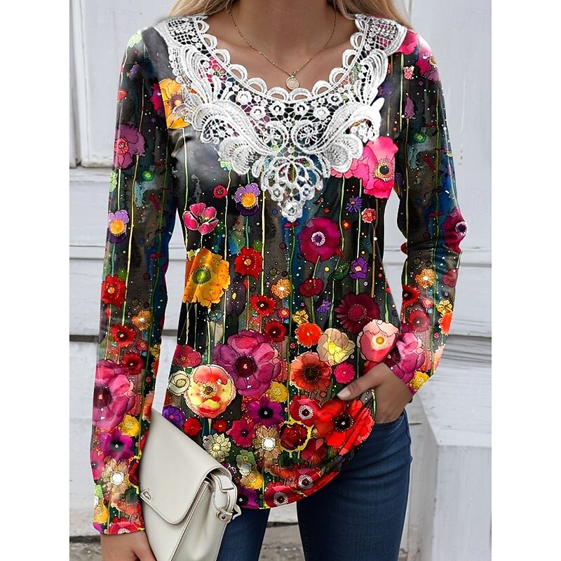 Women's Blouse Tunic Lace Splicing V Neck Long Sleeve Floral Graphic Plants Vintage Crew Neck Tops Daily Going out Weekend Lace Patchwork Print Black Red Sky Blue Dusty Blue Green Spring Fall Prefall
