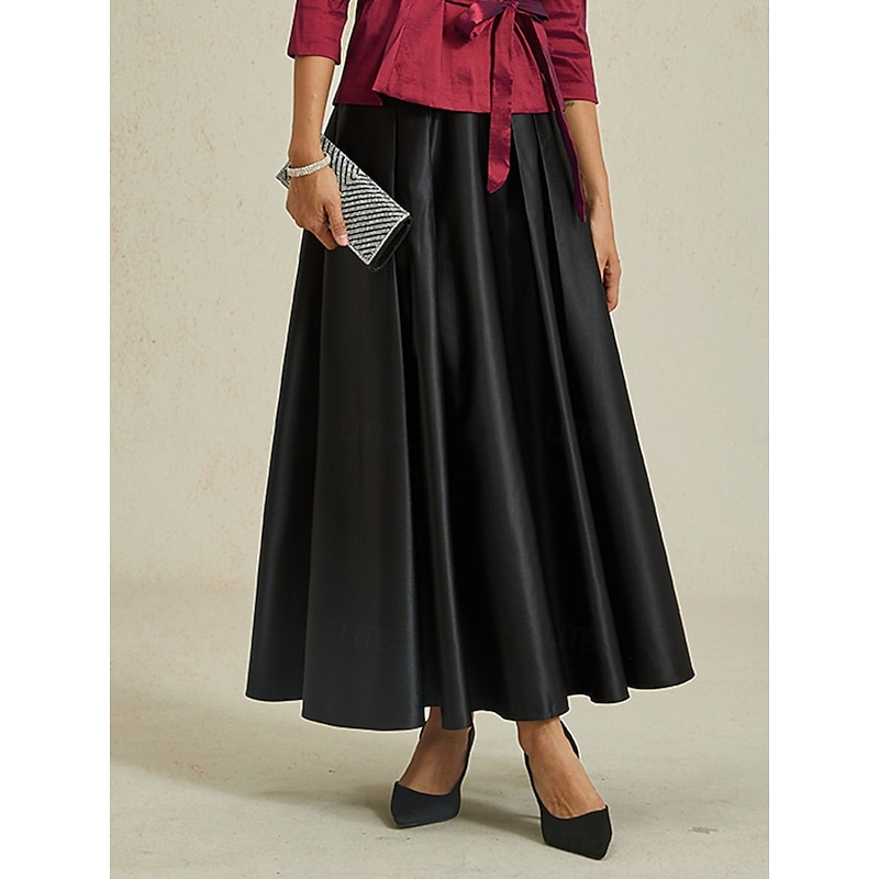 Women's Skirt Elegant Vintage Fashion Maxi Mid Waist Skirts Ruched Pleated Pocket Micro-elastic New Year Party Evening Wear Black Spring Silk Like Satin