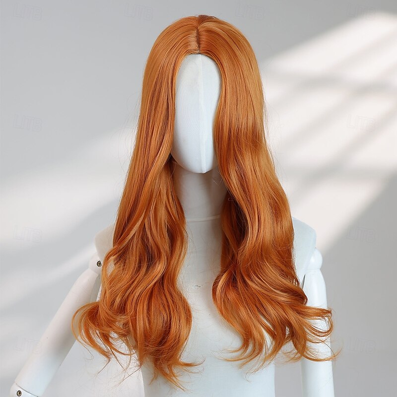 20‑Inch Mid‑Length Orange Wavy Halloween Wig – Center Part, No Bangs, Heat‑Resistant Synthetic Hair for Cosplay & Photo Shoots2