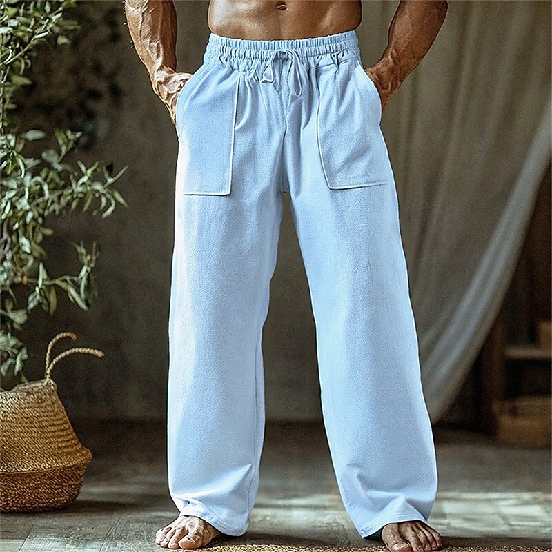 Men's Linen Pants Trousers Beach Pants Pocket Elastic Waist Drawstring Plain Comfort Breathable Vacation Daily Holiday Hawaiian Boho Black White