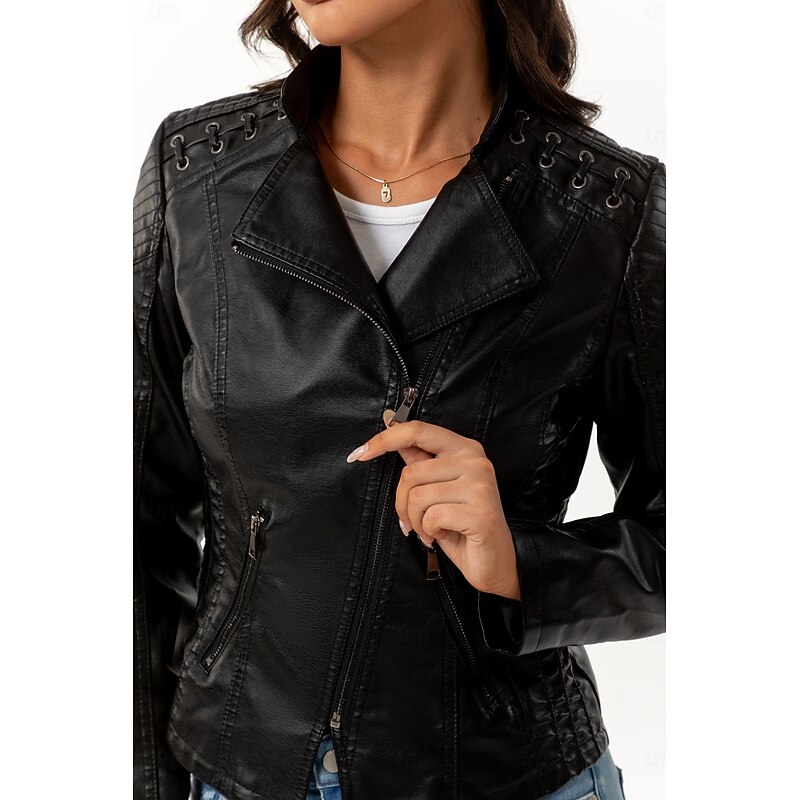 Women's Faux Leather Jacket Windproof Comfortable Pocket Full Zip Fashion Outdoor Plain Street Casual Daily Regular Turndown Regular Fit Long Sleeve Outerwear Deep Purple Black Yellow Spring Fall3