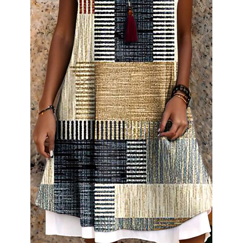 Women's Mini Dress T Shirt Dress Tee Dress Sundress A Line Dress Vacation Casual Boho Daily Loose Fit Graphic Geometric Plaid Sleeveless Crew Neck Khaki Summer Spring Fall3