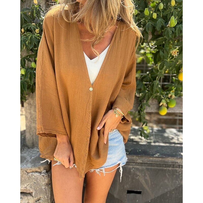 Women's Shirt Texture Blouse Cotton Linen Shirt Plain Stylish Modern Long Sleeve V Neck Regular Tops Daily Holiday Buttons Black Camel Brown Green Beige Spring Fall