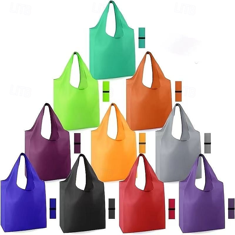 10PCS Reusable Foldable Shopping Bags, Durable Washable Polyester Tote Bags with Sturdy Handles, Bright Colors, Eco-Friendly Grocery Bags for Daily Use, Travel, Office, and Errands