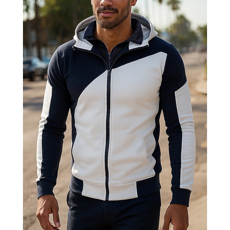 Men's Running Jacket Outdoor Jacket Hooded Jacket Pocket Hooded Long Sleeve Top Athleisure Patchwork Waterproof Windproof Lightweight Breathable Gym Workout Hiking Running Sportswear Activewear White