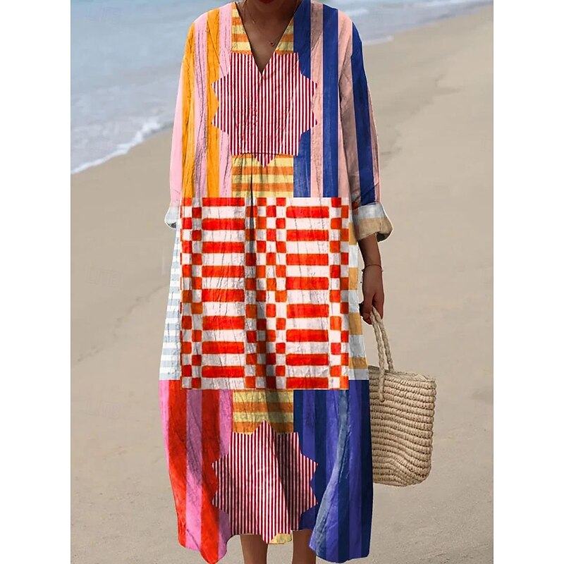 Women's Midi Dress V Neck Long Sleeve Kaftan Lightweight Loose Fit A Line Dress Casual Boho Party Loose Fit Graphic Geometric Abstract Long Sleeve V Neck Pink Red Blue Orange Fall2