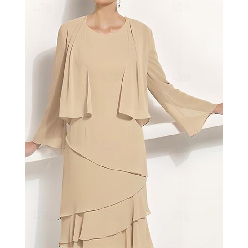 Two Piece Jacket Dress A-Line Mother of the Bride Dress Elegant Simple Luxurious Scoop Neck Knee Length Chiffon Sleeveless Long Sleeve with Cascading Ruffles2