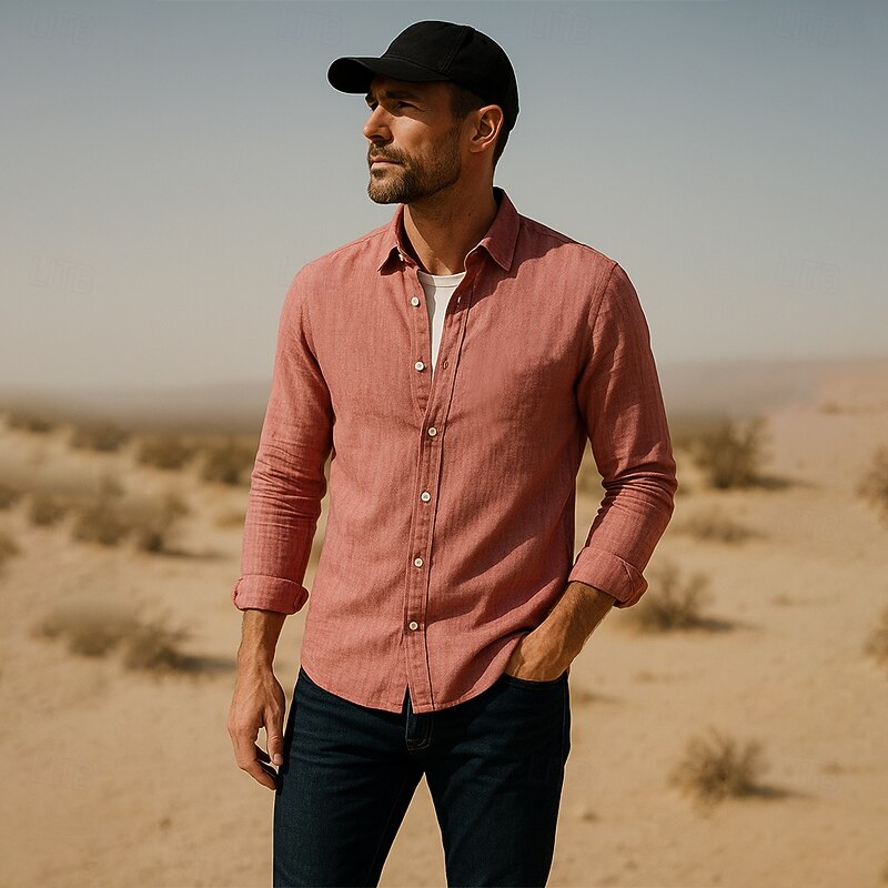 Men's Linen Shirt Button Down Shirt Casual Shirt Solid Color Formal Casual White Light Green Red Dark Navy Long Sleeve Turndown Summer Winter Clothing Apparel Plain