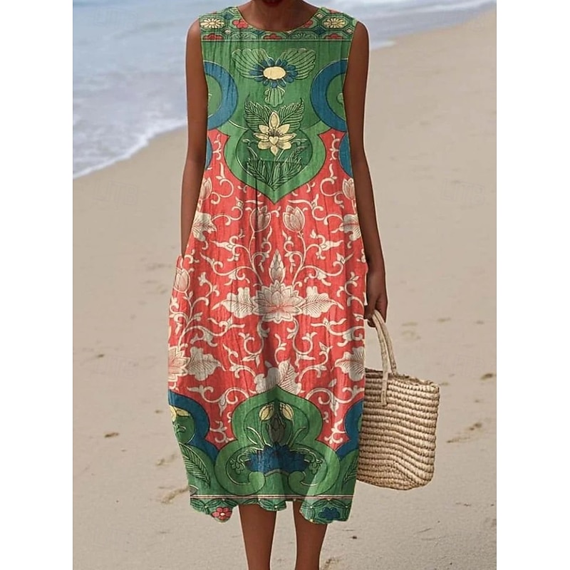 Women's Midi Dress Sundress Shift Dress A Line Dress Vacation Casual Boho Party Going out Beach Loose Fit Floral Graphic Sleeveless Crewneck Light Yellow Deep Green Gray Green Orange red Summer Spring4