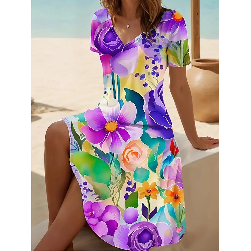 Women's Mini Dress T Shirt Dress Tee Dress Sundress A Line Dress Vacation Casual Beach Daily Holiday Beach Regular Fit Ombre Floral Graphic Short Sleeve V Neck Yellow Blue Purple Fuchsia Summer2