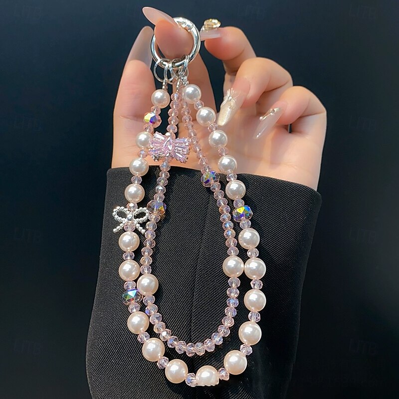 New Fashionable Diamond Bow Phone Chain Crystal Double Chain Pearl Pendant Creative Chain Premium Phone Chain3