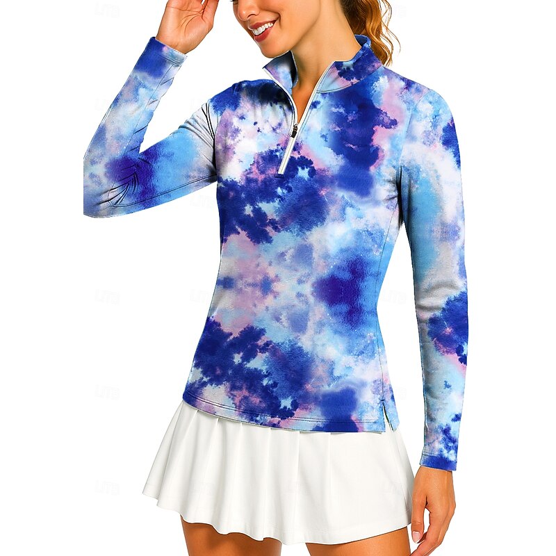 Women's Tie Dye Golf Polo Shirt Tennis Shirt Tennis Tee Long Sleeve Print Quarter Zip Pullover UPF50+ UV Protection Elastic Breathable Tennis Golf Badminton Standing Collar Zip Collar Shirt Polo Blue3