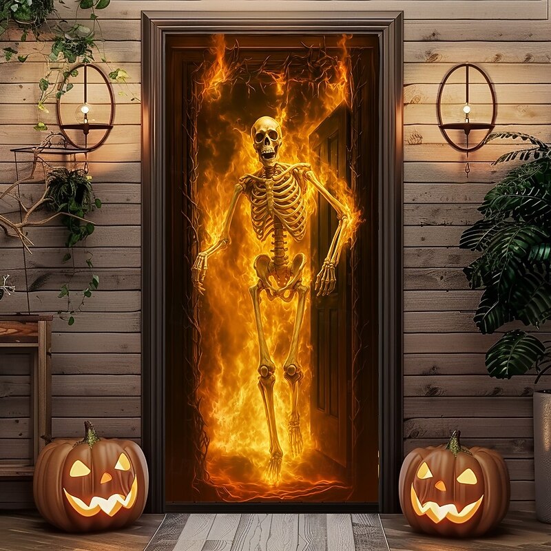 Halloween Door Cover – Fiery Skeleton in Flames, Haunted House Entrance Banner, Scary Outdoor & Indoor Decoration for 2025 Halloween Bedroom, Living Room, Bathroom3