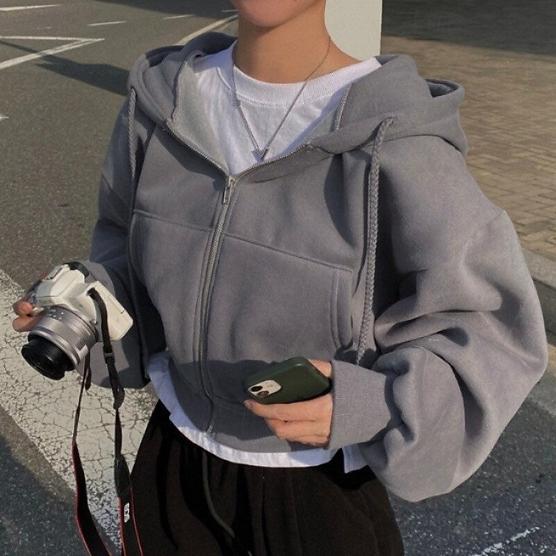 Women's Zip Up Hoodies Plain Streetwear Casual Long Sleeve Hooded Regular Tops Street Going out Zipper Pocket Navy Blue Light Grey Dark Gray Fall Winter2