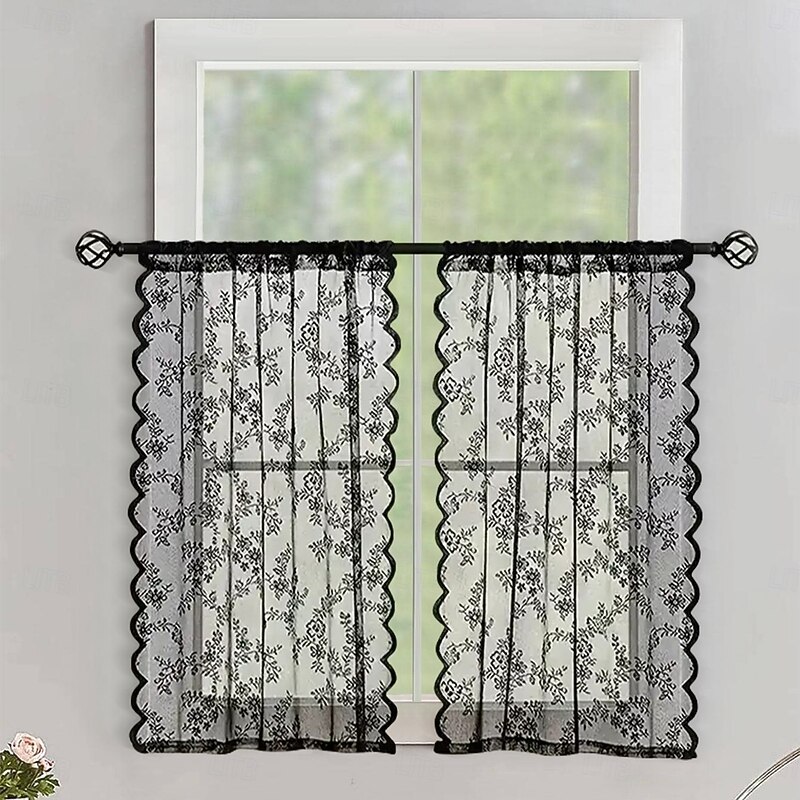 Cafe Curtain Lace Short Curtain for Kitchen Window, Semi Blackout Sheer Panel, Half Window Privacy Valance for Bathroom, Living Room, or Cafe Decor