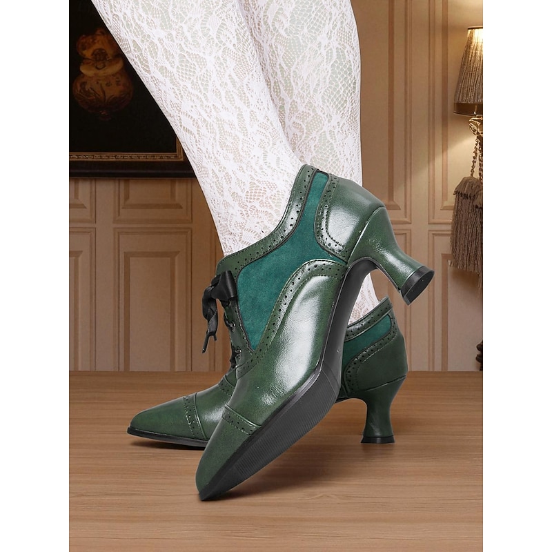 Women's Edwardian Era Green Oxford Heels – 1900s-1910s Vintage Lace-Up Victorian Mid-Heel Dress Shoes with Brogue Detailing, Perfect for Tea Parties, Cosplay and Historical Events4