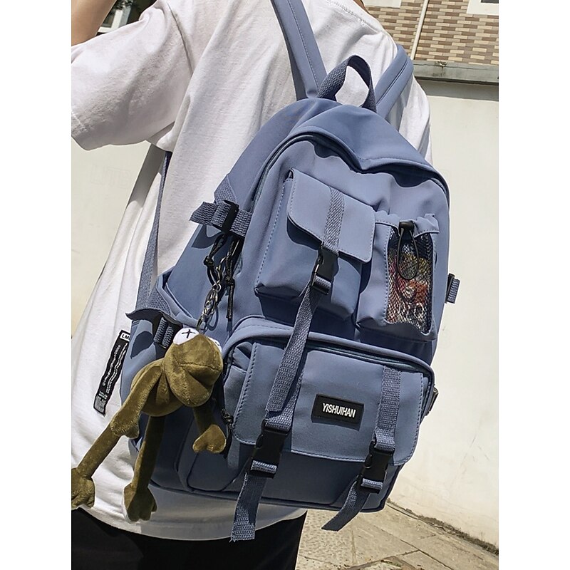 Teen Large Capacity Casual Backpack - Korean Style Multi-Pocket School Bag with Plush Toy Keychain for School, Travel and Outdoor Activities Black White Red2