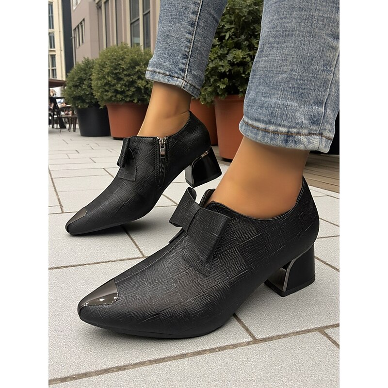 Women's Black Textured Block Heel Ankle Boots – Elegant Bow Decor Pointed Toe Short Boots, Business Casual and Office Wear for Autumn and Winter