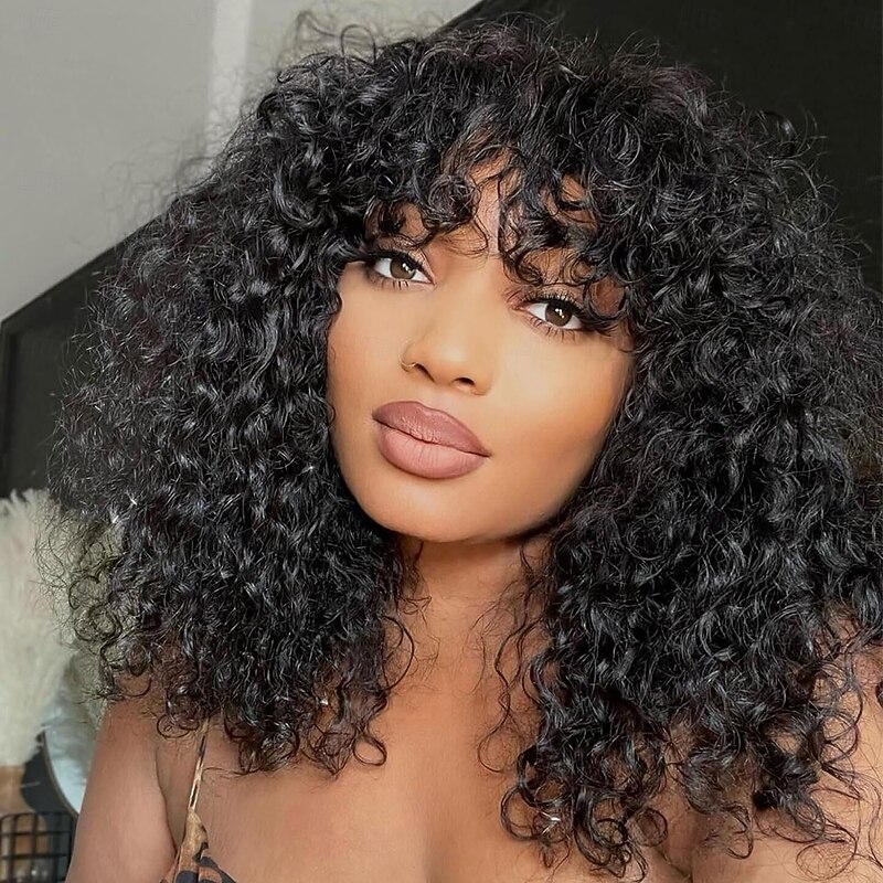 Curly Human Hair Wig With Bangs 100% Brazilian Human Hair Curly Wigs Scalp Full Machine Made Wig for Black Women L Curly Wigsn Human Hair Natural Color
