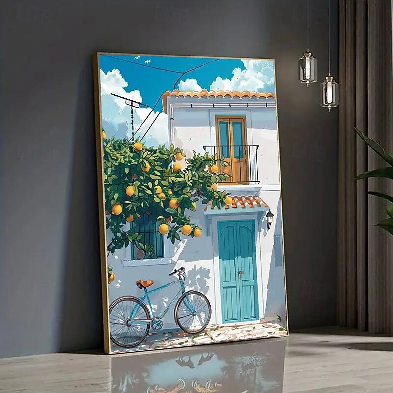 1 Vibrant Mediterranean Lemon Tree And White House Canvas Art Piece Suitable For Living Rooms Bedrooms And Home Offices  Inviting Street Views With Blue Bicycles And Glowing Windows Home Decor3