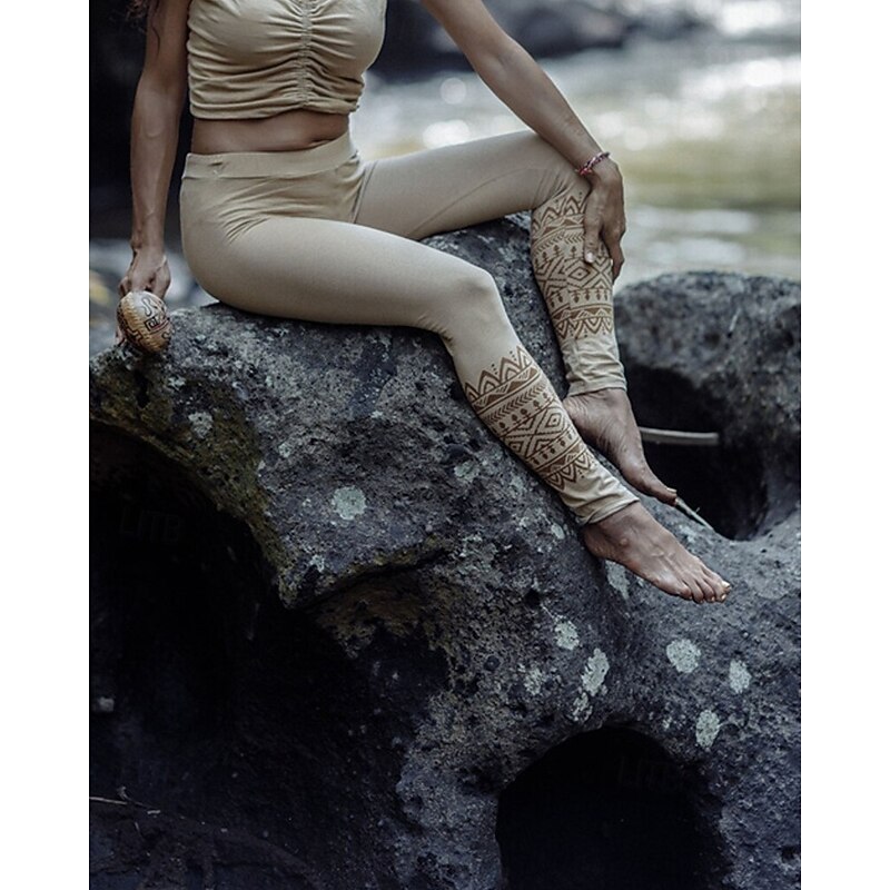 Women's Pants Trousers Leggings Cozy Leggings Casual Boho Full Length High Waist Lines / Waves Elastic Waist Print Breathability Comfortable Stretchy Vacation Street Daily Wear Khaki Spring Fall2