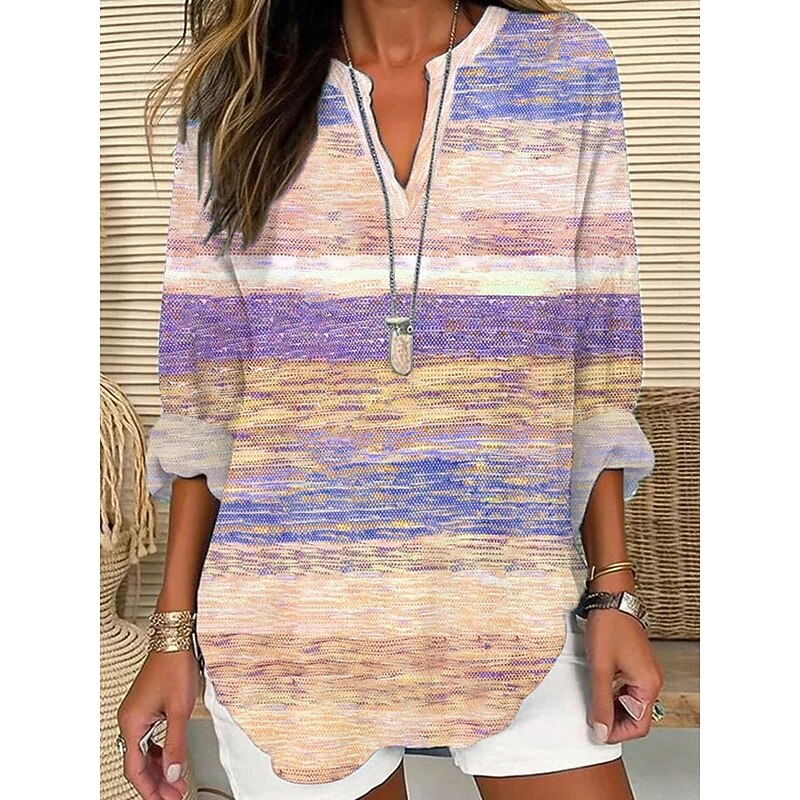 Women's Blouse Tunic V Neck Long Sleeve Boho Casual Tops Ombre Graphic Striped Vintage Daily Stylish Regular Tops Daily Print Pink Purple Orange Fall2