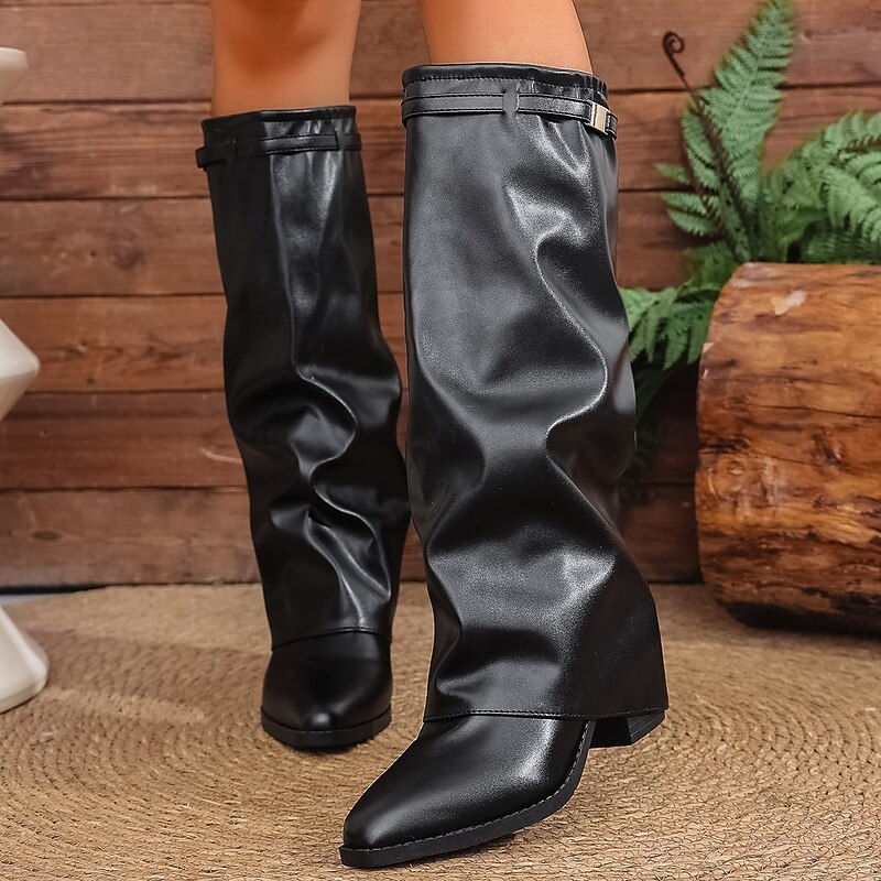 Black Faux Leather Knee-High Boots for Women – Stylish Block Heel Boots with Adjustable Buckle Details, Trendy and Versatile Footwear