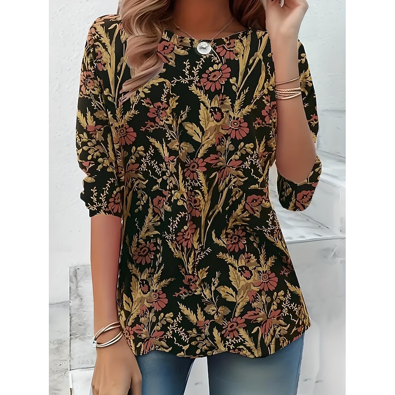 Women's T shirt Long Sleeve Crew Neck Long Sleeve Tunic Graphic Geometric Rose Vintage Stylish Classic Round Neck Regular Tops Daily Print Blue Purple Brown Gray Spring Fall Prefall