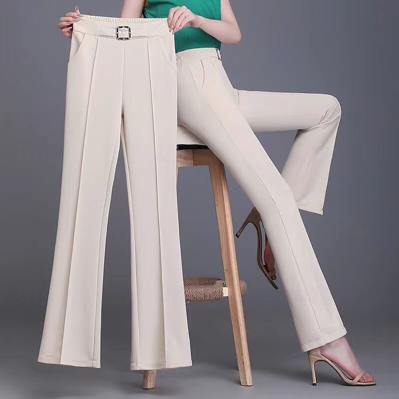Women's Dress Pants Wide Leg Pants Trousers Fashion Streetwear Full Length High Waist Plain Elastic Waist Breathability Comfortable Micro-elastic Business Daily Wear Black White Khaki Apricot Spring3