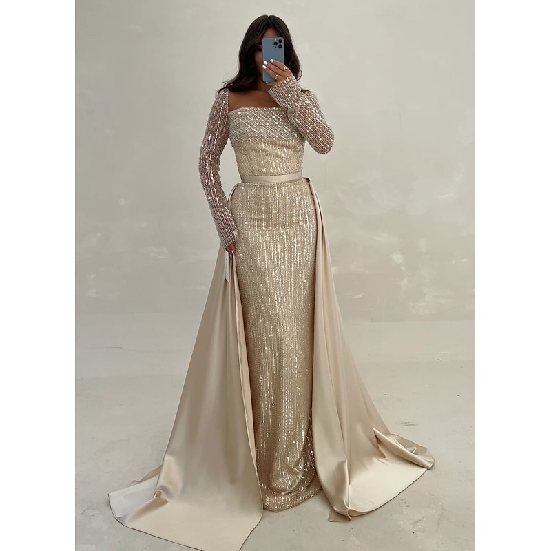 A-Line Evening Gown Elegant Dress Formal Wedding Guest Floor Length Long Sleeve Square NeckMother Of the Bride Dress Satin with Glitter Slit