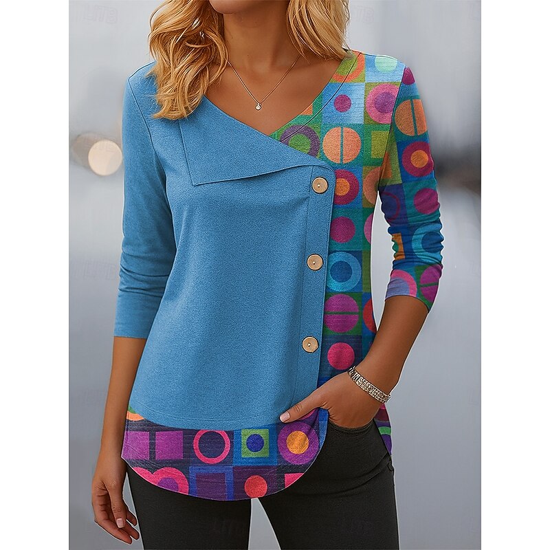 Women's Blouse Tunic V Neck Long Sleeve Buttons Graphic Geometric Stylish Modern Casual Regular Tops Daily Patchwork Print Black Pink Red Blue Spring Fall Winter