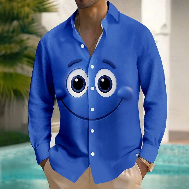 Men's Cartoon Funny Smile Face Shirt Button Up Shirt Long Sleeve Fashion Casual Outdoor Daily Streetwear Spring Fall Turndown 3D Print Front One Pocket Linen Like Shirt Purple Orange Green Dark Blue